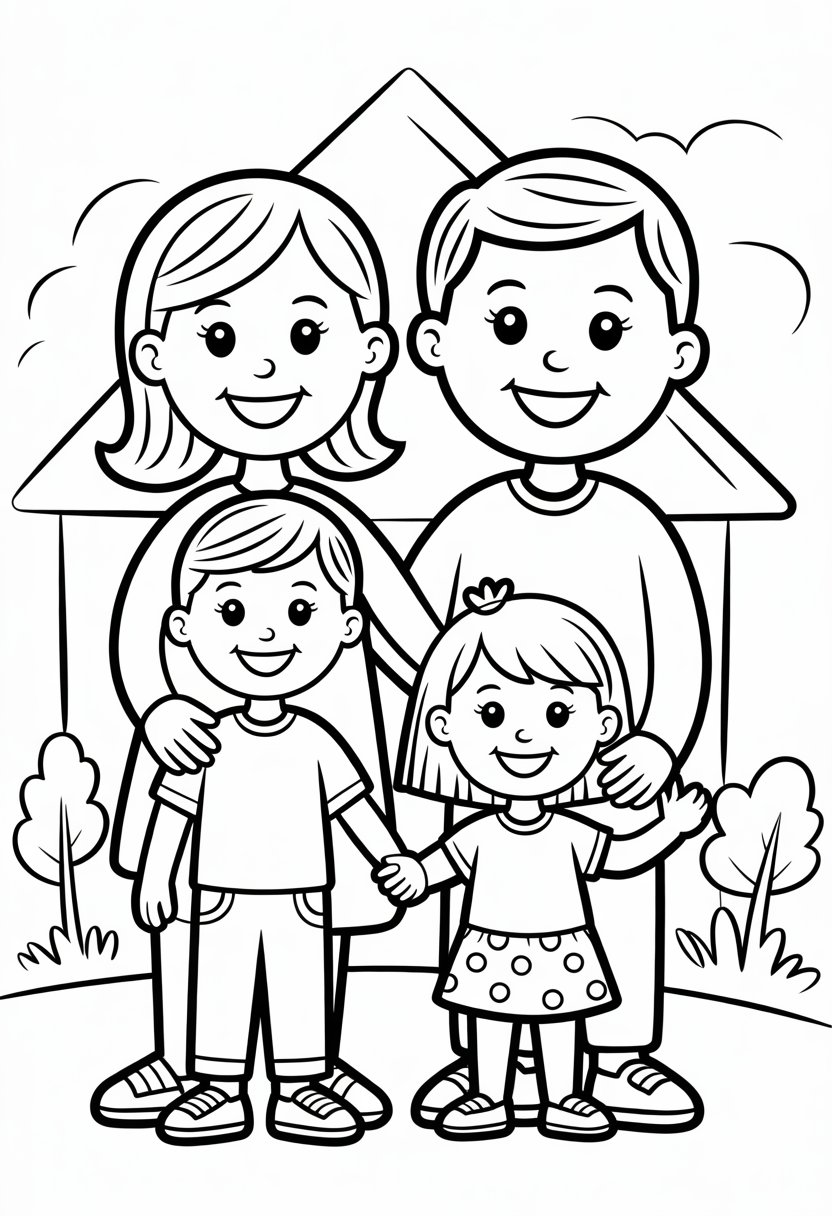 I Love My Family Coloring Pages List of 13 Fun and Educational Designs 18 A family of four standing together outside a house, smiling and holding hands, with trees and flowers nearby.